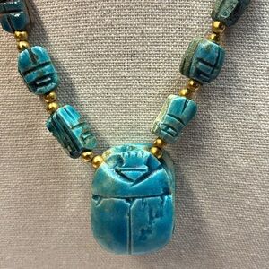 VTG Egyptian Revival Necklace with Carved Scarab Pendant and Beads